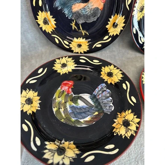 Set of 4 Rooster Sunflower Salad Plates Dark Blue Red Rim‎ Farmhouse  Decor - Picture 5 of 9